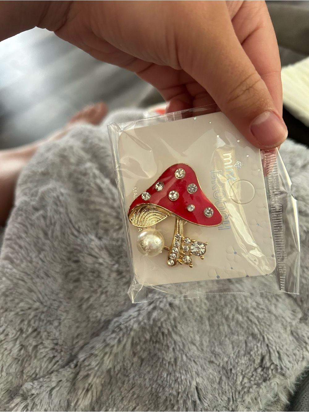 4/$50 Red Mushroom Crystal Brooch Pin with Faux Pearl